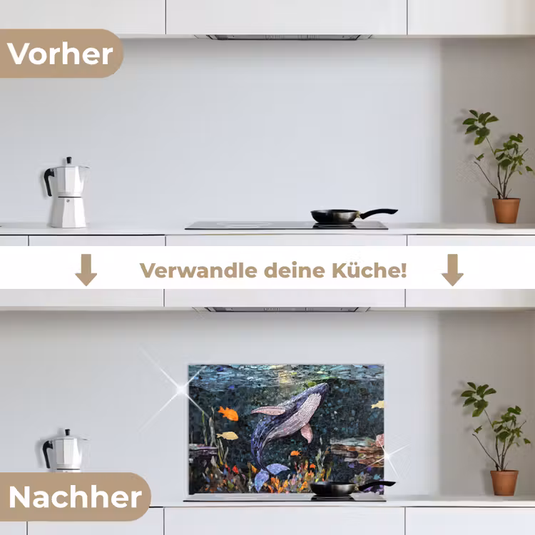 Mozaïek - Walvis - Koraal - Water keuken achterwand spatscherm klein -voor_na_DE