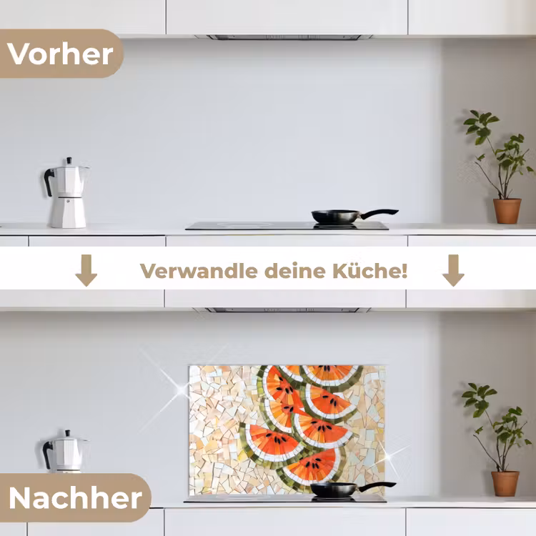 Mozaïek - Watermeloen - Rood - Pitten keuken achterwand spatscherm klein -voor_na_DE