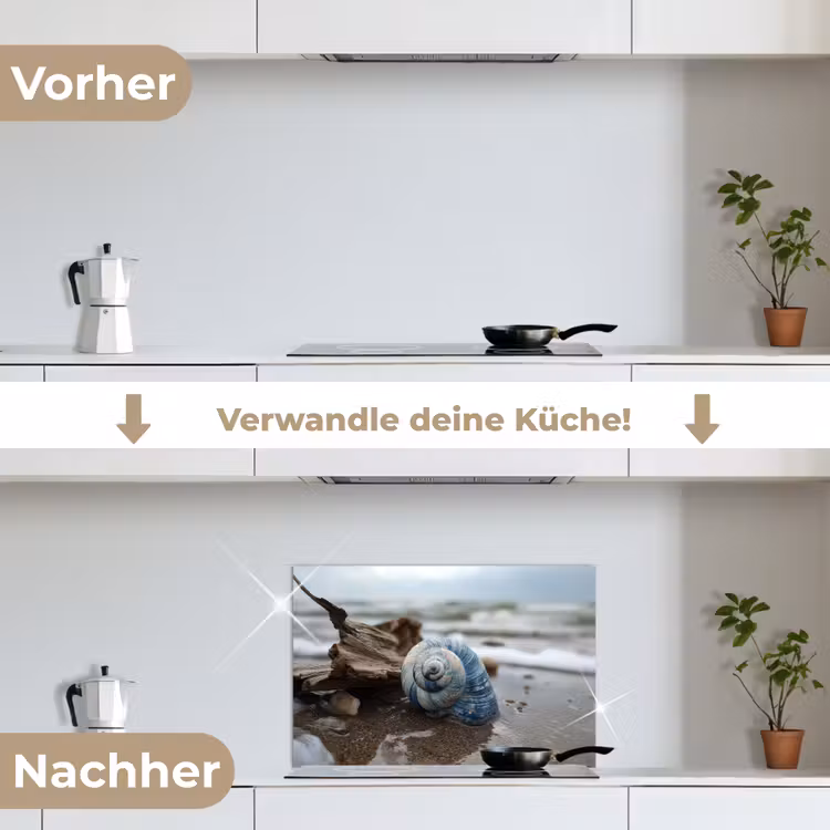 Schelp - Strand - Blauw - Zee keuken achterwand spatscherm klein -voor_na_DE