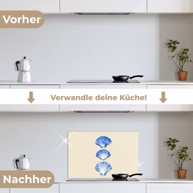 Schelpen - Blauw - Beige keuken achterwand spatscherm klein -voor_na_DE