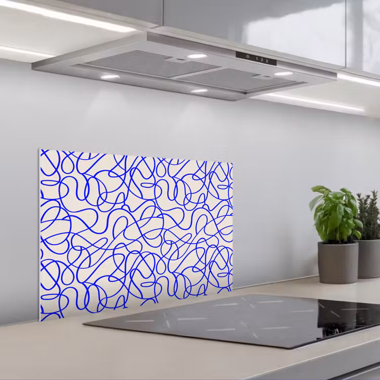 Patronen - Beige - Blauw - Lijnen keuken achterwand spatscherm klein 900 -3d_schuin