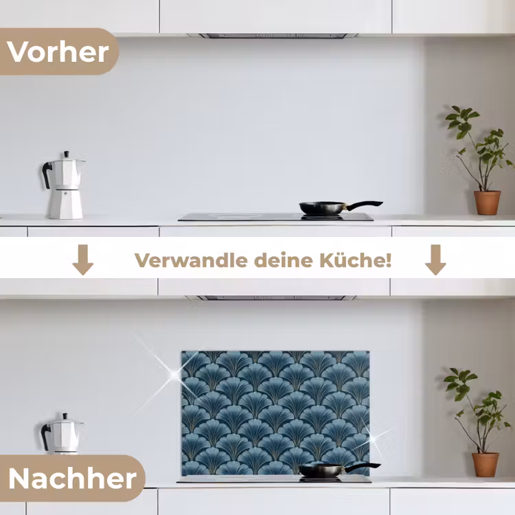 Patroon - Ginkgoblad - Blauw keuken achterwand spatscherm klein 900 -voor_na_DE