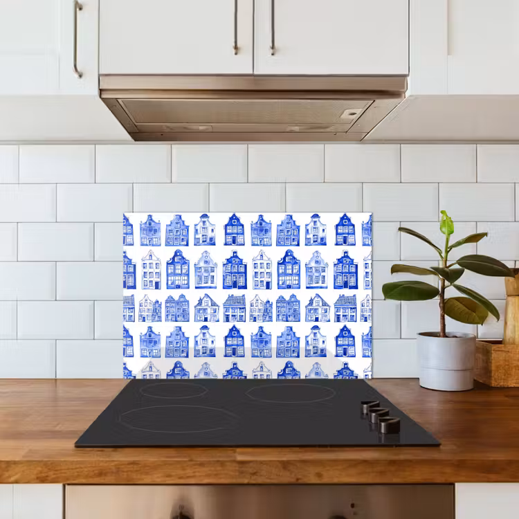Patroon - Huizen - Blauw keuken achterwand spatscherm klein 900 -sfeer2