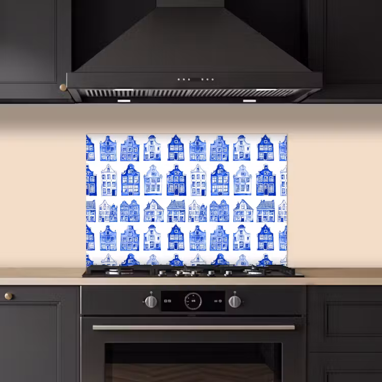 Patroon - Huizen - Blauw keuken achterwand spatscherm klein 900 -sfeer1