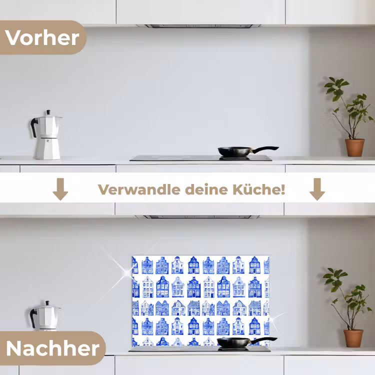 Patroon - Huizen - Blauw keuken achterwand spatscherm klein 900 -voor_na_DE