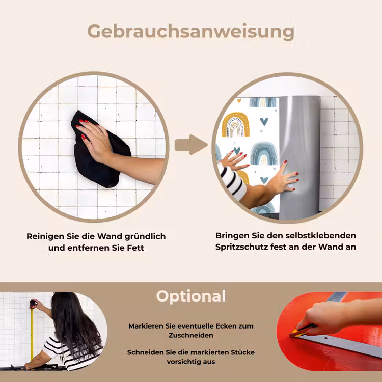 Patroon - Regenboog - Hartjes keuken achterwand spatscherm klein -gebruiksaanwijzing_DE