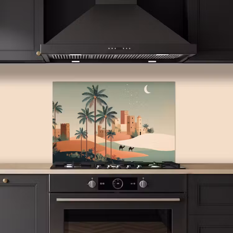 Nachtlandschap - Kamelen - Sterren - zandduinden keuken achterwand spatscherm klein -sfeer1