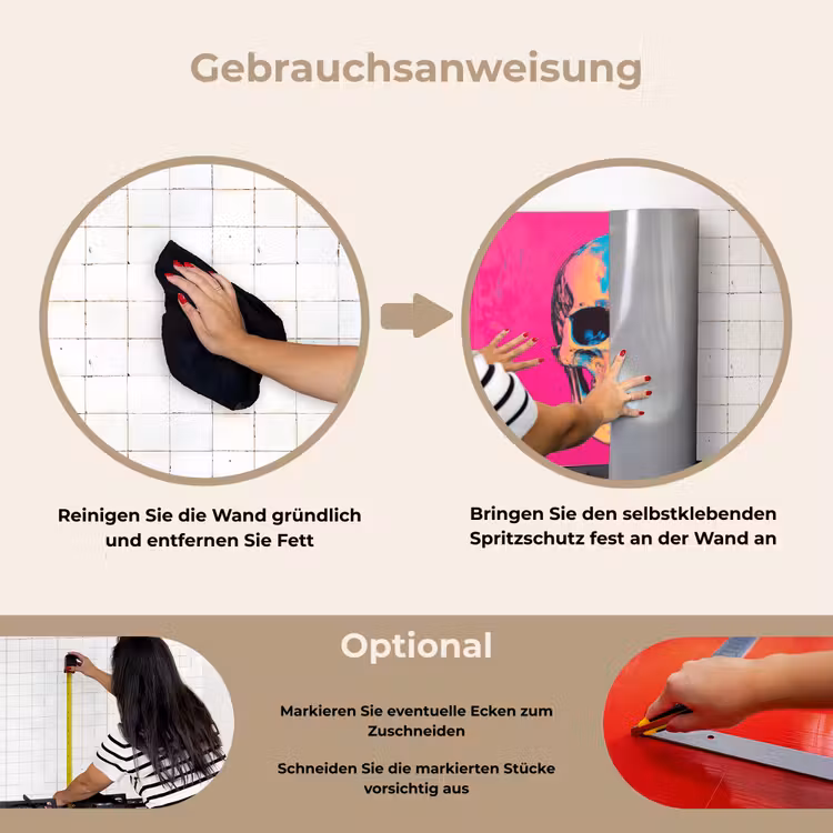 Neon - Blauw - Pop-art - Schedel keuken achterwand spatscherm klein -gebruiksaanwijzing_DE