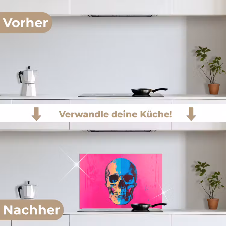 Neon - Blauw - Pop-art - Schedel keuken achterwand spatscherm klein -voor_na_DE