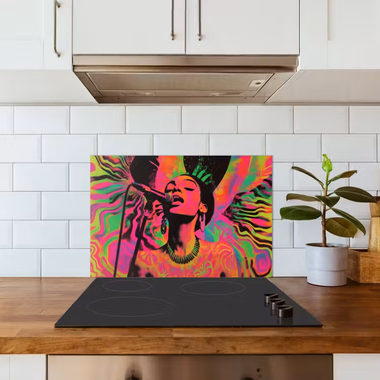 Neon - Vrouw - Microfoon keuken achterwand spatscherm klein -sfeer2