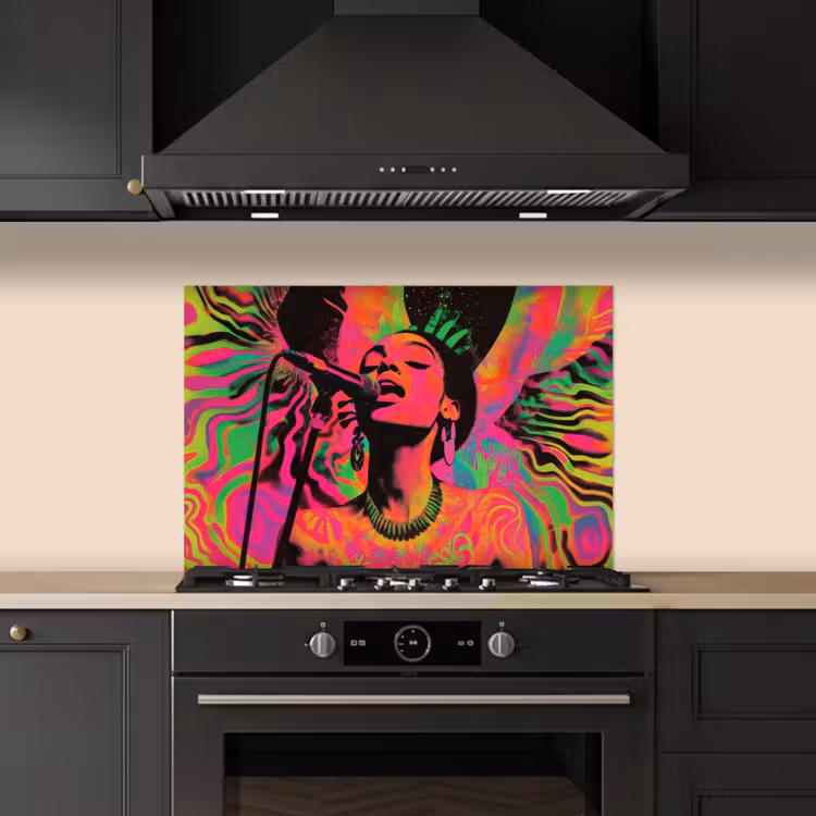 Neon - Vrouw - Microfoon keuken achterwand spatscherm klein -sfeer1