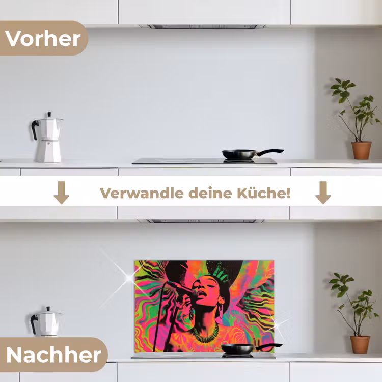 Neon - Vrouw - Microfoon keuken achterwand spatscherm klein -voor_na_DE