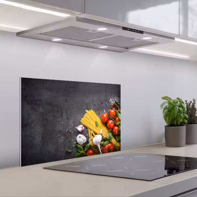 Pasta - Kruiden - Tomaat - Specerijen - Rustiek keuken achterwand spatscherm klein -3d_schuin