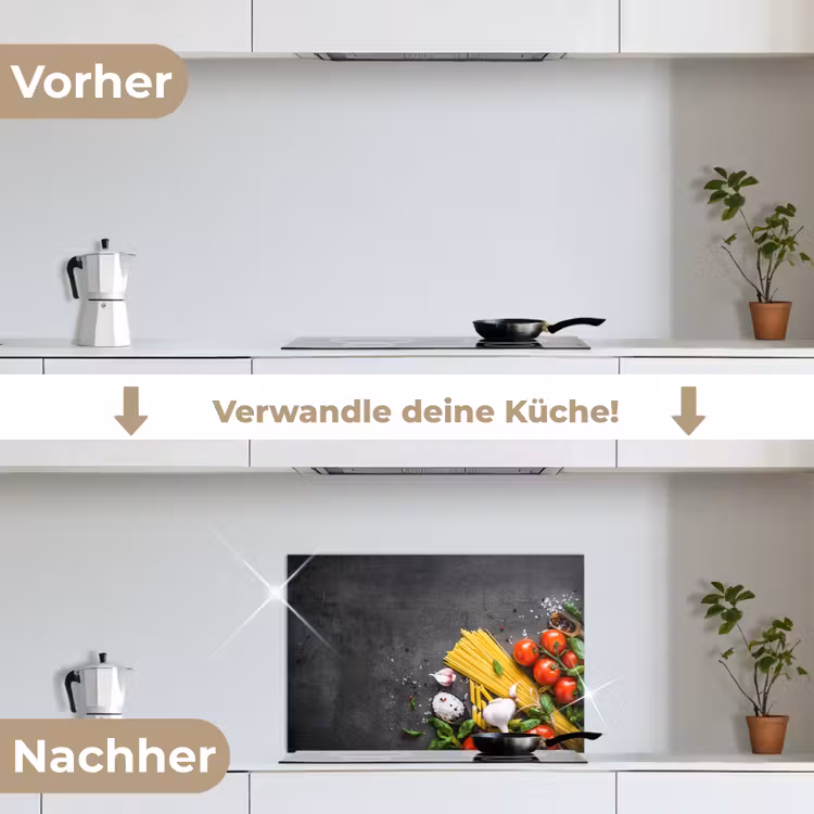 Pasta - Kruiden - Tomaat - Specerijen - Rustiek keuken achterwand spatscherm klein -voor_na_DE