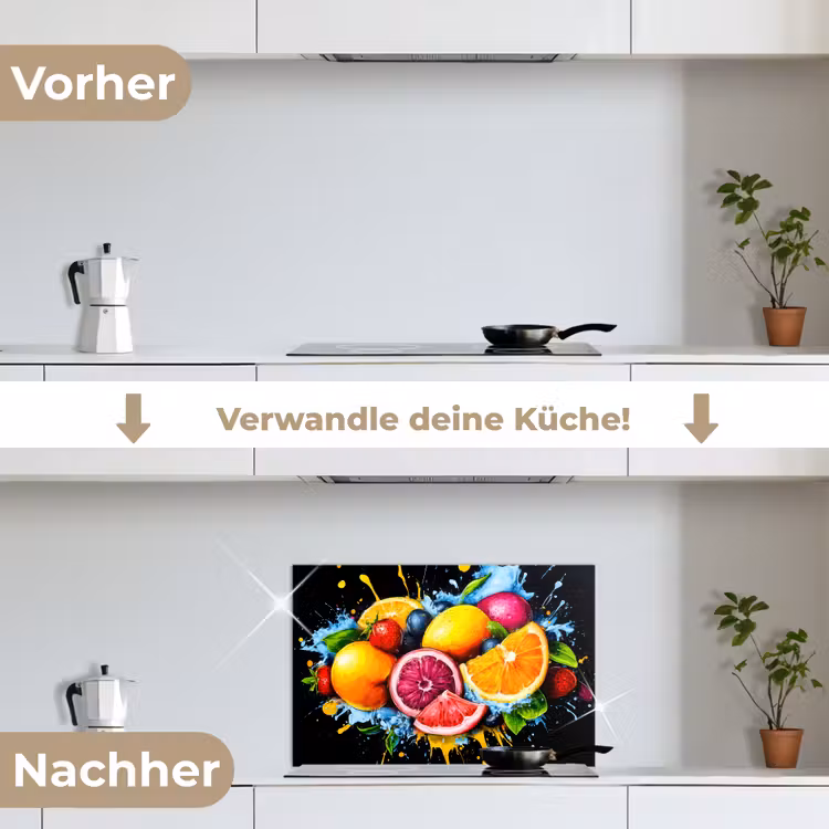 Fruit - Graffiti - Kleurrijk - Sinaasappel - Aardbei - Abstract keuken achterwand spatscherm klein -voor_na_DE