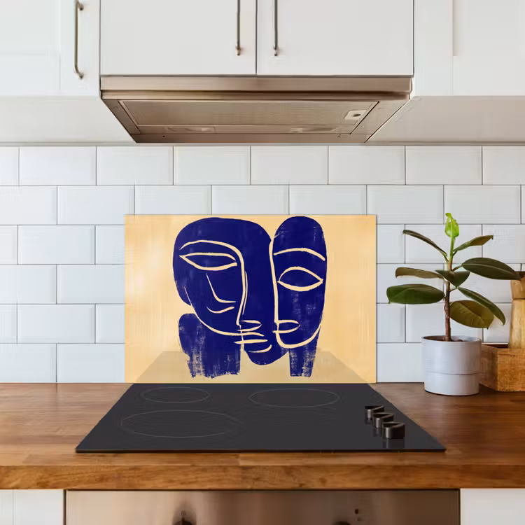 Okergeel - Blauw - Eenvoudige lijnen keuken achterwand spatscherm klein -sfeer2