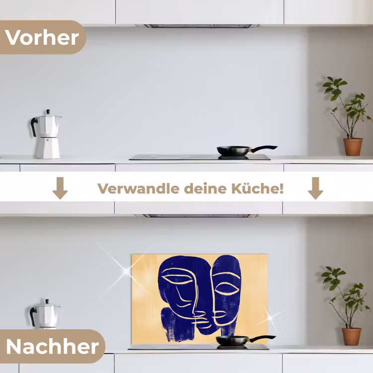 Okergeel - Blauw - Eenvoudige lijnen keuken achterwand spatscherm klein -voor_na_DE