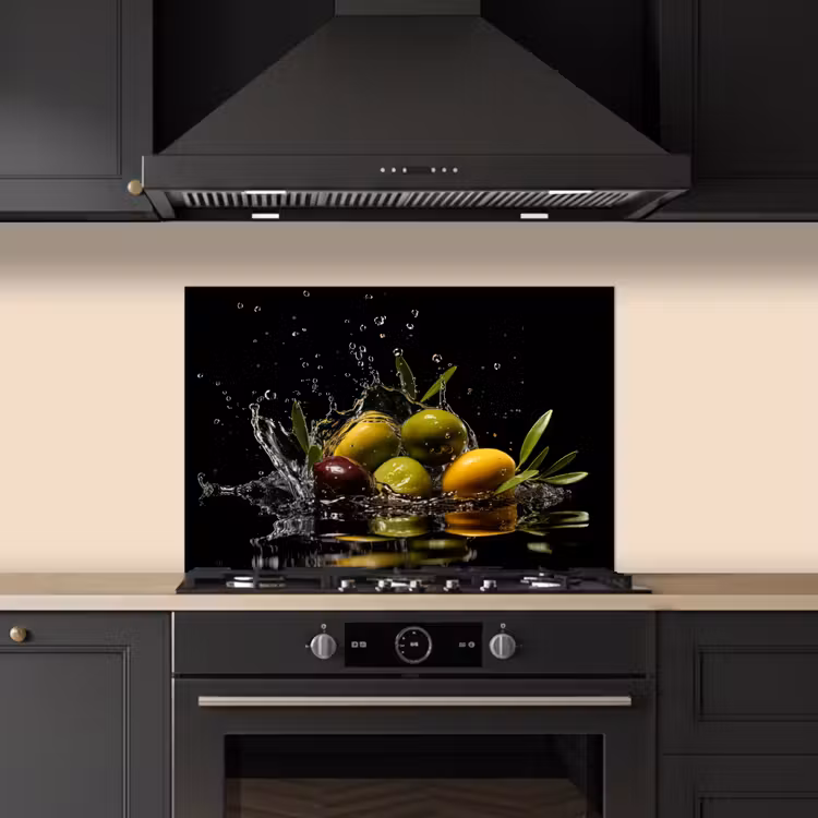 Olijven - Groen - Water - Zwart keuken achterwand spatscherm klein -sfeer1
