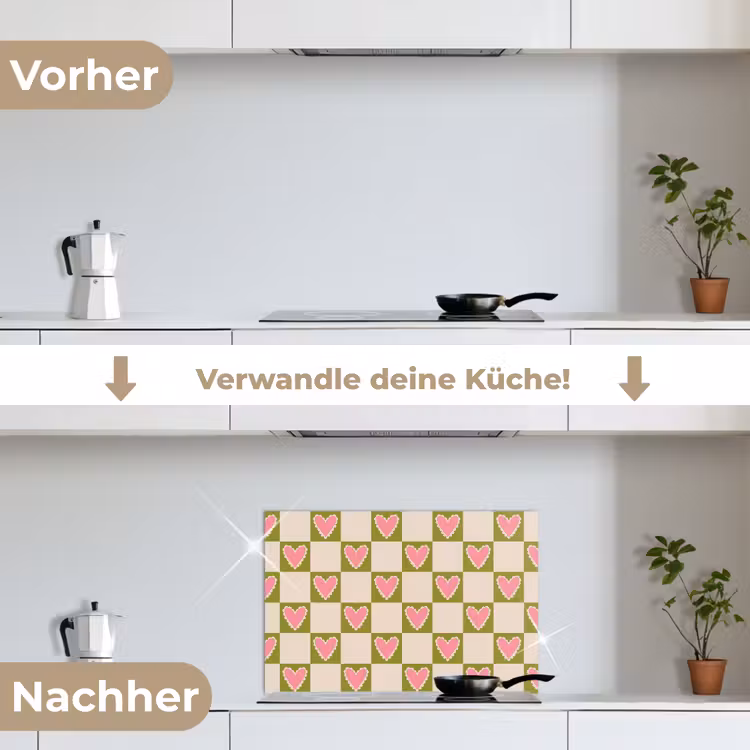 Olijfgroen - Hartjes - Patroon - Retro keuken achterwand spatscherm klein 900 -voor_na_DE