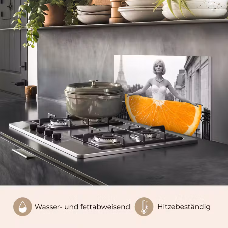 Sinaasappel - Eiffeltoren - Vrouw keuken achterwand spatscherm klein -usp_DE