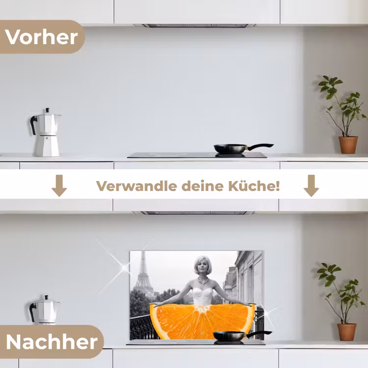 Sinaasappel - Eiffeltoren - Vrouw keuken achterwand spatscherm klein -voor_na_DE