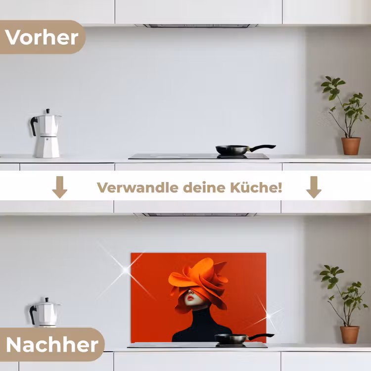 Oranje - Hoed - Vrouw keuken achterwand spatscherm klein -voor_na_DE