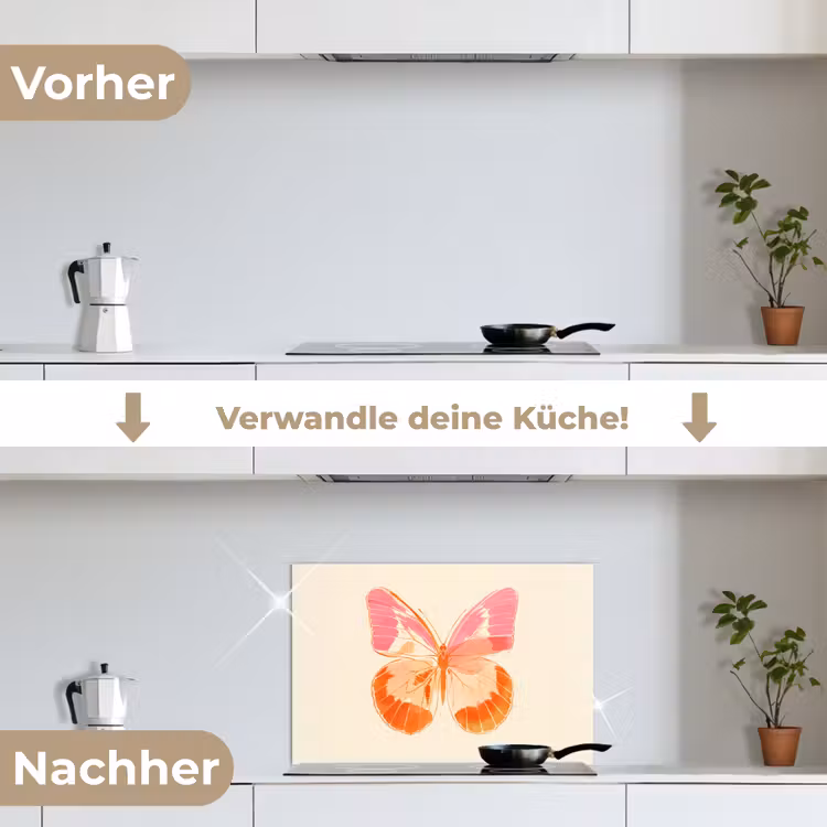 Oranje - Vlinder - Minimalistisch keuken achterwand spatscherm klein -voor_na_DE