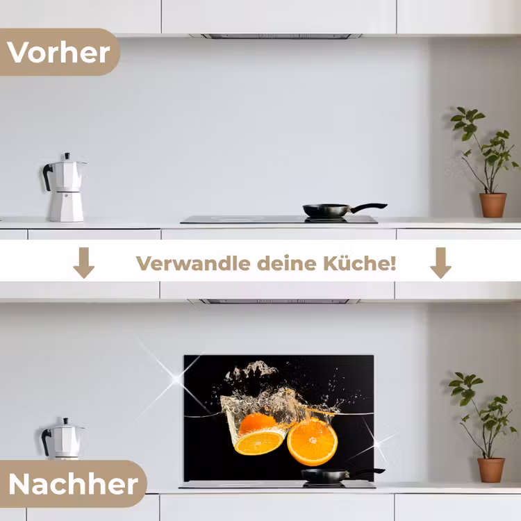 Sinaasappel - Stilleven - Water - Zwart - Fruit keuken achterwand spatscherm klein -voor_na_DE