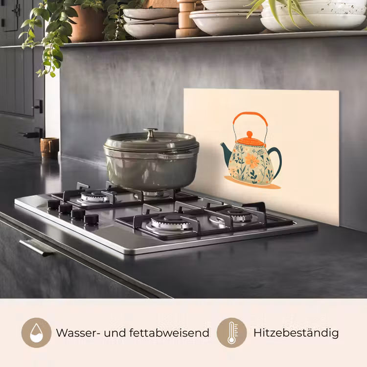 Oranje - Theepot - Bloemen - Bladeren keuken achterwand spatscherm klein -usp_DE