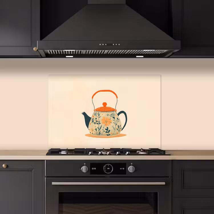Oranje - Theepot - Bloemen - Bladeren keuken achterwand spatscherm klein -sfeer1