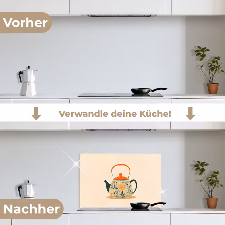 Oranje - Theepot - Bloemen - Bladeren keuken achterwand spatscherm klein -voor_na_DE
