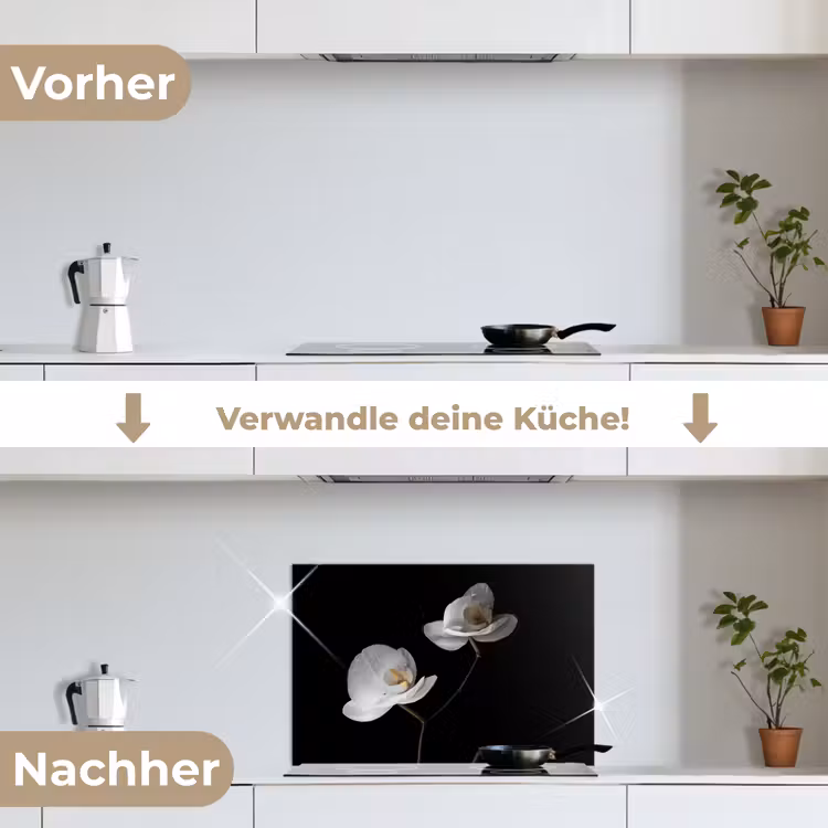 Orchidee - Bloemen - Zwart - Wit - Stilleven keuken achterwand spatscherm klein -voor_na_DE