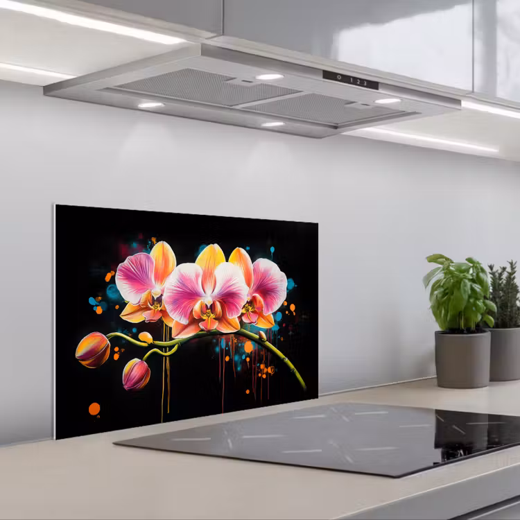 Orchidee - Graffiti - Kleurrijk - Bloemen - Abstract keuken achterwand spatscherm klein -3d_schuin