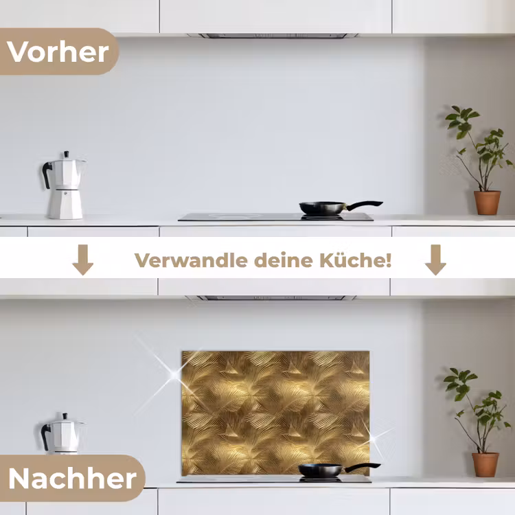 Palm - Waaier - Goud keuken achterwand spatscherm klein 900 -voor_na_DE