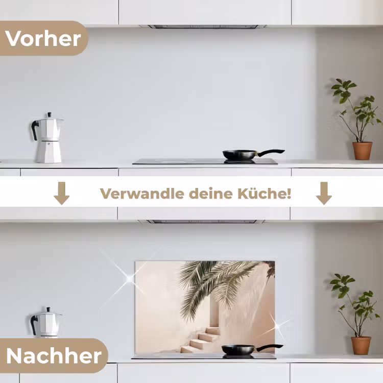 Palmboom - Schaduw - Trap - Beige keuken achterwand spatscherm klein -voor_na_DE