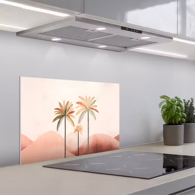Palmbomen - Heuvels - Minimalistisch - Zachtroze keuken achterwand spatscherm klein -3d_schuin