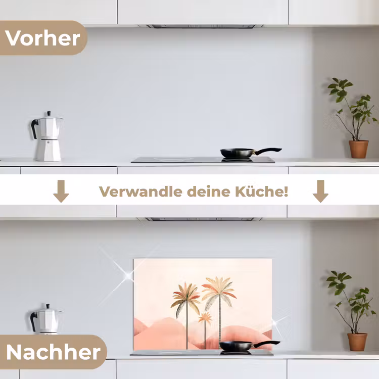 Palmbomen - Heuvels - Minimalistisch - Zachtroze keuken achterwand spatscherm klein -voor_na_DE