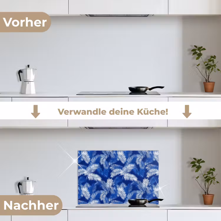 Palmblad - Patroon - Blauw keuken achterwand spatscherm klein 900 -voor_na_DE