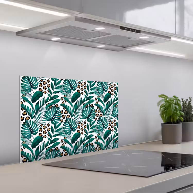 Palmblad - Panterprint - Tropical keuken achterwand spatscherm klein -3d_schuin