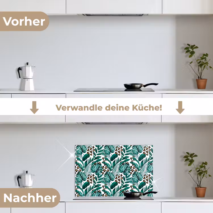 Palmblad - Panterprint - Tropical keuken achterwand spatscherm klein -voor_na_DE