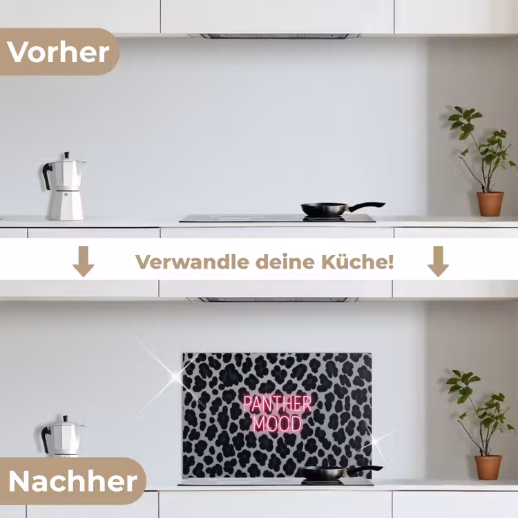 Panterprint - Zwart - Neonletters - Roze keuken achterwand spatscherm klein -voor_na_DE