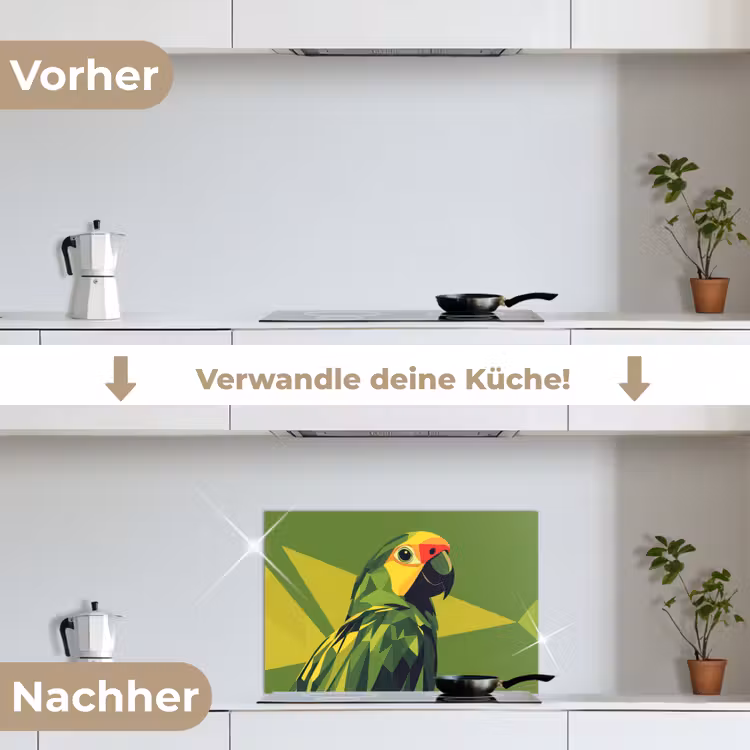 Papegaai - Groen - Snavel - Abstract keuken achterwand spatscherm klein -voor_na_DE