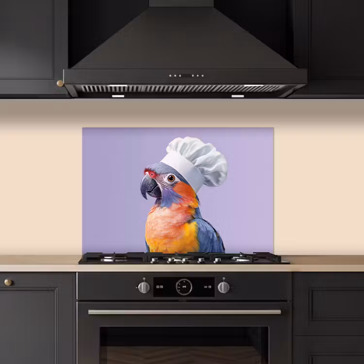 Papegaai - Koksmuts - Paars - Cute keuken achterwand spatscherm klein -sfeer1