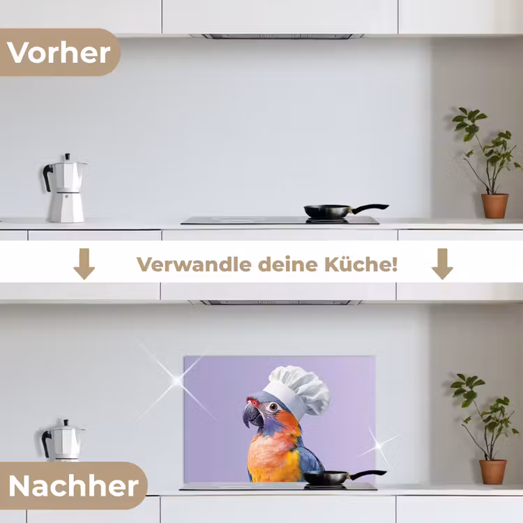 Papegaai - Koksmuts - Paars - Cute keuken achterwand spatscherm klein -voor_na_DE
