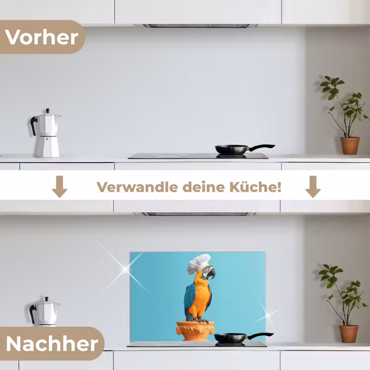 Papegaai - Koksmuts - Grappig - Vogel keuken achterwand spatscherm klein -voor_na_DE