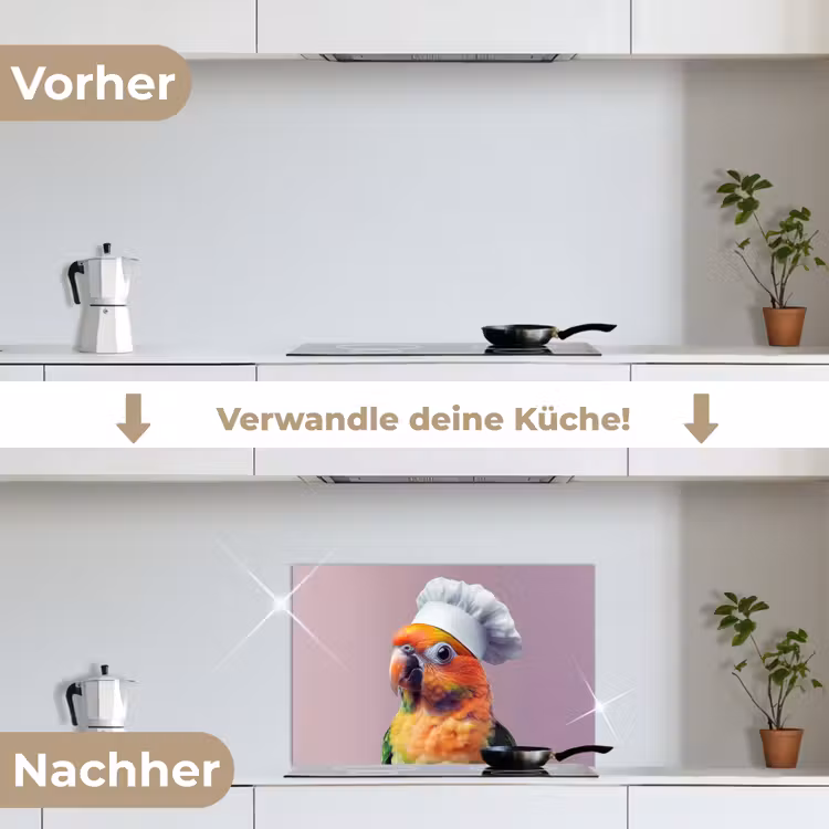 Papegaai - Koksmuts - Nieuwsgierig - Vogel keuken achterwand spatscherm klein -voor_na_DE