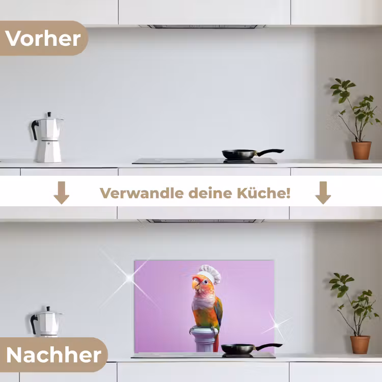 Papegaai - Koksmuts - Pilaar - Vogel keuken achterwand spatscherm klein -voor_na_DE
