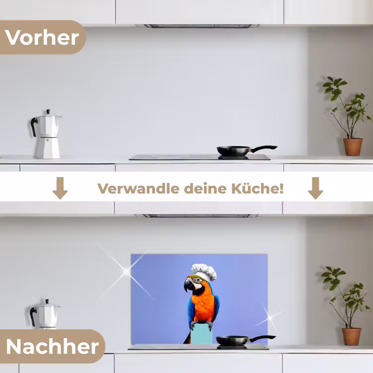 Papegaai - Koksmuts - Vogel - Leuk keuken achterwand spatscherm klein -voor_na_DE