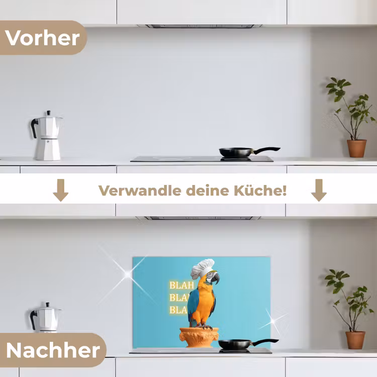 Papegaai - Koksmuts - Quote - Neon keuken achterwand spatscherm klein -voor_na_DE