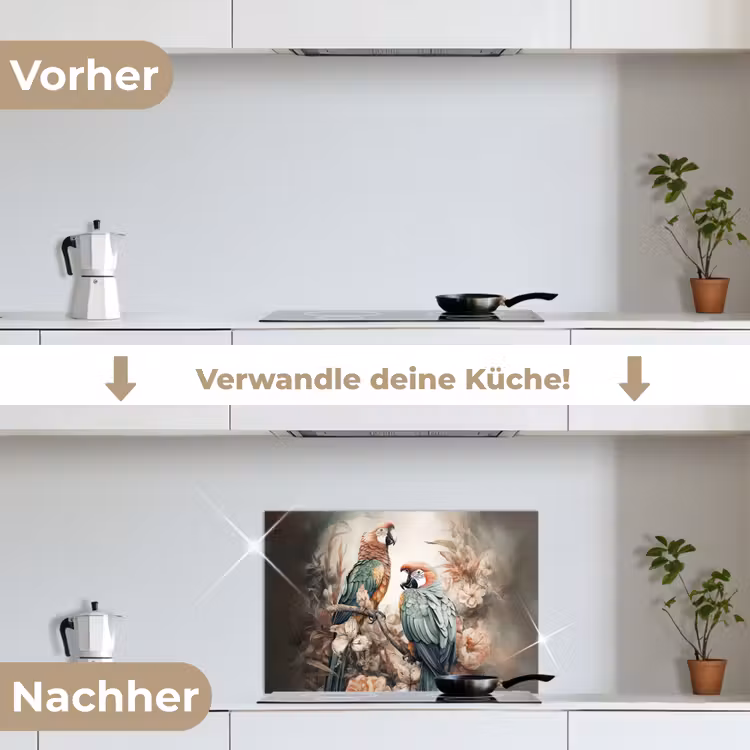 Papegaaien - Vogels - Natuur - Bloemen keuken achterwand spatscherm klein -voor_na_DE